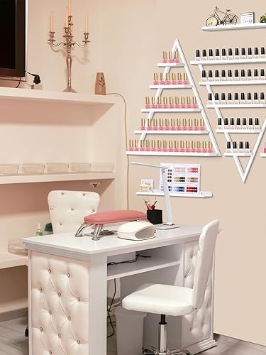 Miniatura 6 de Lorvain - 10 estantes de almacenamiento de esmalte de uñas de metal para montaje en pared, 5 niveles, color blanco, triangular, vitrina de