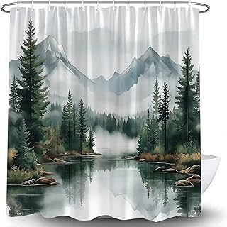 Green Misty Forest Shower Curtain Mountain Foggy Pine Trees Landscape Watercolor Jungle Plant Rustic Nature Scenery Lake Fabric Bathroom Curtain Set with Hook