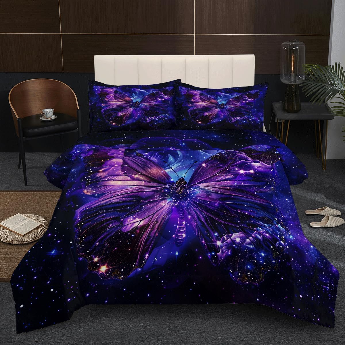 Comforter Set Twin Size Lightweight Kids Teens Adults Purple and Blue Soft Bedding Set 3 Pieces Butterfly Starry Sky Cosmic Microfiber Quilt Set