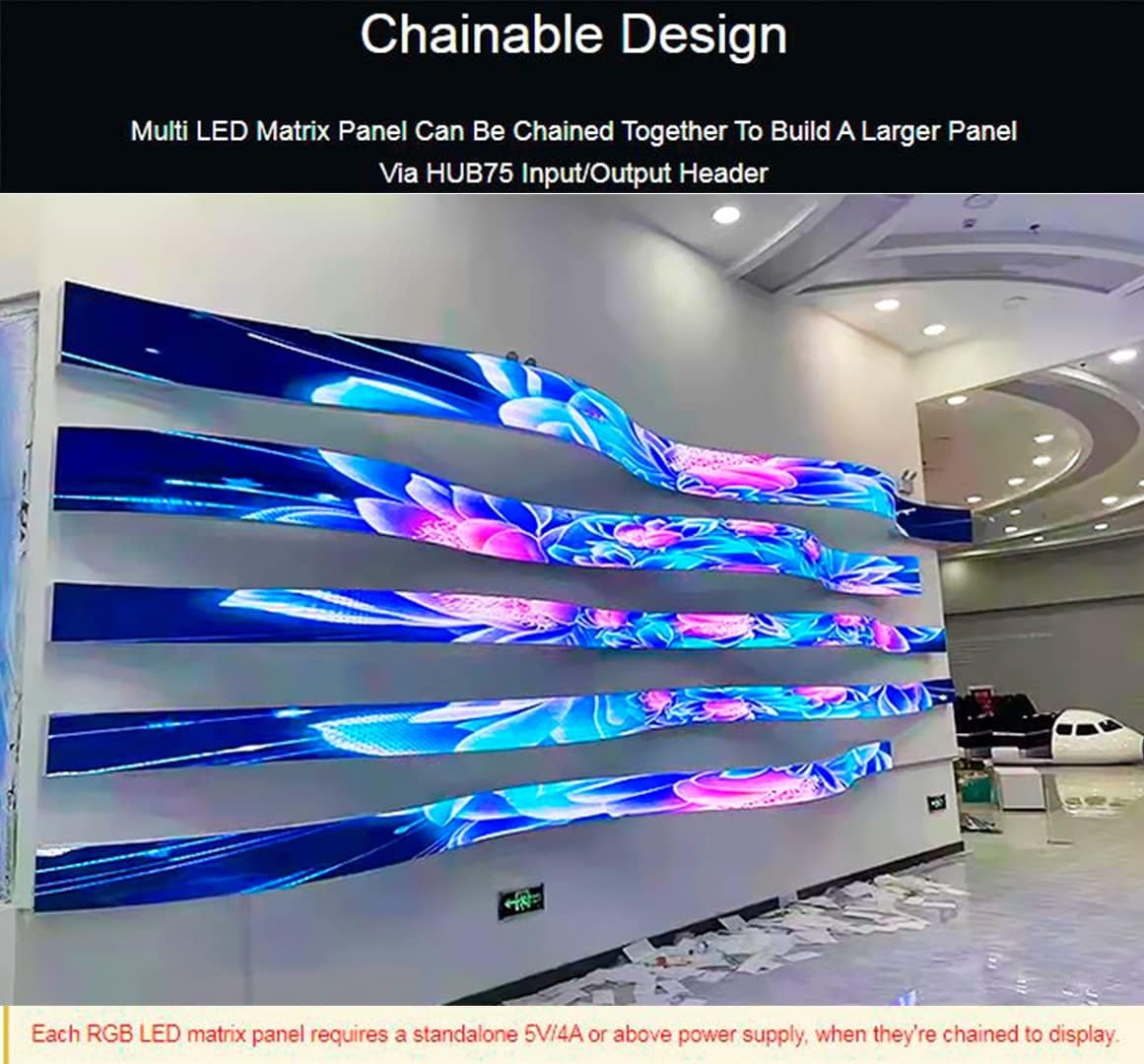 Multiple LED matrix panels chained together to form a larger, curved display