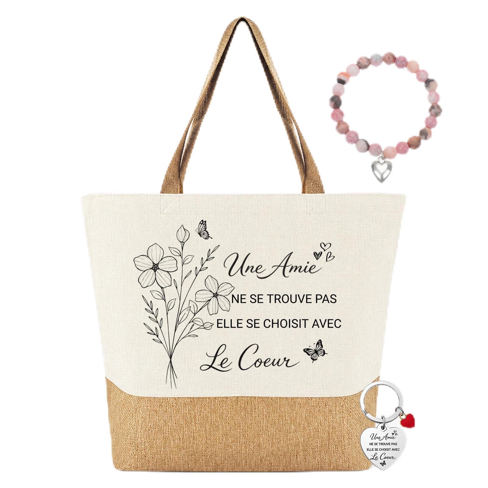 Cadeau Meilleure Amie Tote Bag Sac en Toile Jute Cabas avec Porte-Clés et Bracelet
