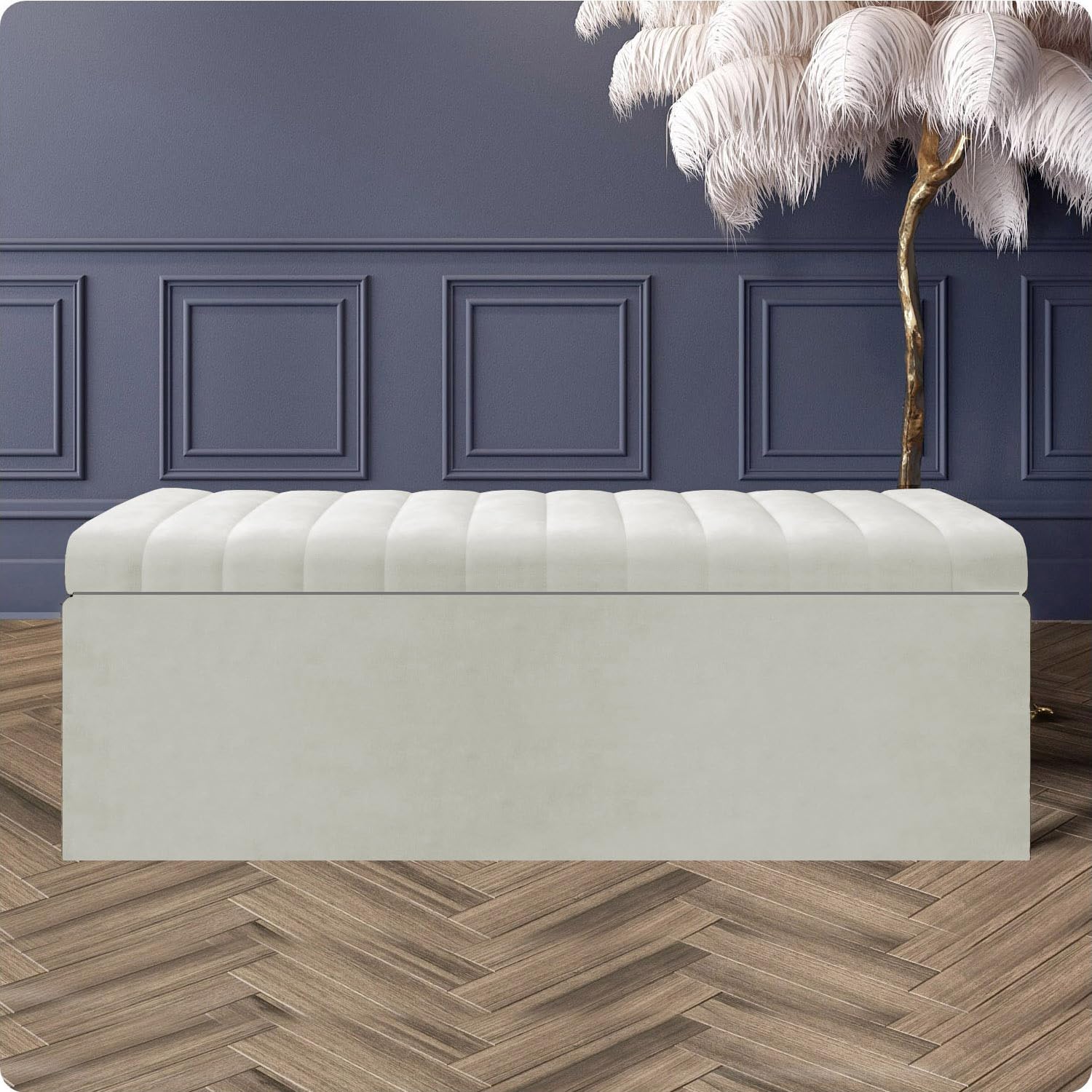 Velvet Ottoman Storage Box, Cream, 40D x 90W x 40H cm