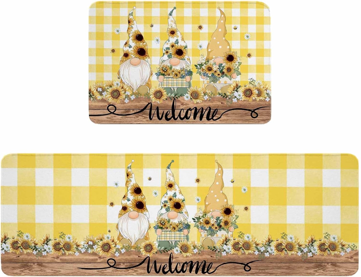 Gnomes Sunflower Kitchen Rugs and Mats Set of 2, Non-Slip Kitchen Sink Mat, Yellow Checkered Pastoral Botanical Wooden Washable Doormat Bathroom Rugs Runner for Bedroom 23.6"x35.4"+23.6"x70.9"