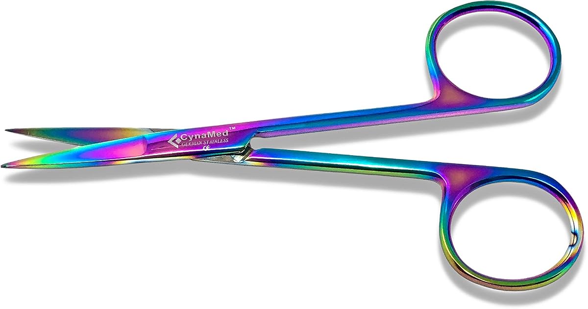 Cynamed Iris Micro Tijeras de disección con revestimiento de titanio multicolor/arco iris – Instrumento de calidad premium – Perfecto para disección de tejido de precisión fina, eliminación de suturas y más (cuchillas rectas)