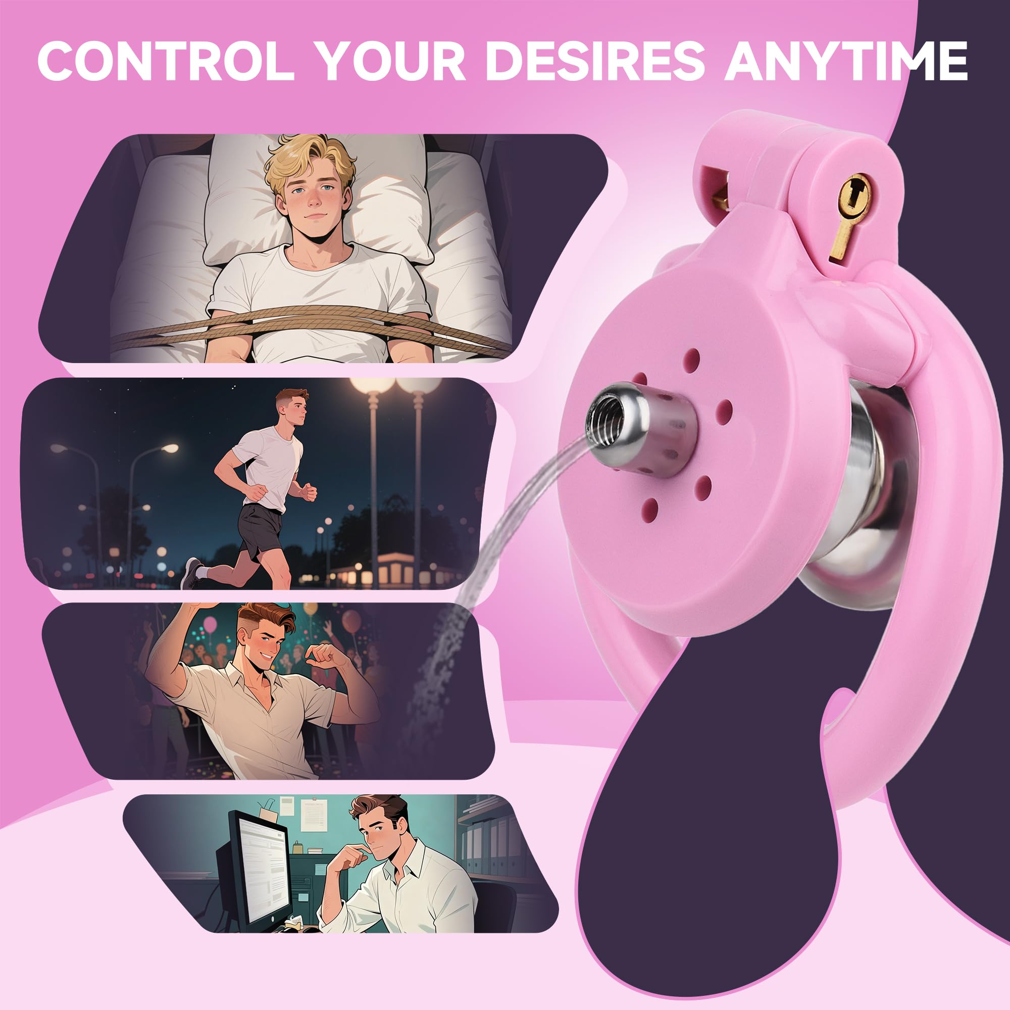 Flat Chastity Cage - Cock Cage, Male Chastity Devices with Urine Divertor, 2 Keys, and 4 Size Rings - Resin & Stainless Steel Pink Sissy BDSM Male Sex Toys (Pink, Original)