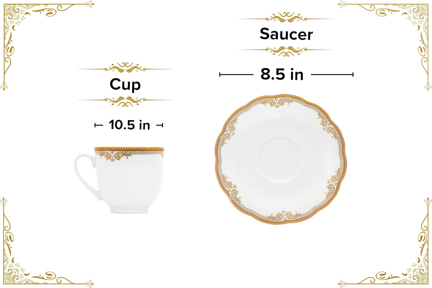 Porcelain Tea Set, 12 Piece - Elegant White with Gold Floral Edge Design - 5.5 Inch Saucers, 6.5 oz Cups - For Adults Tea Party or Everyday Dinnerware (Floral Gold)