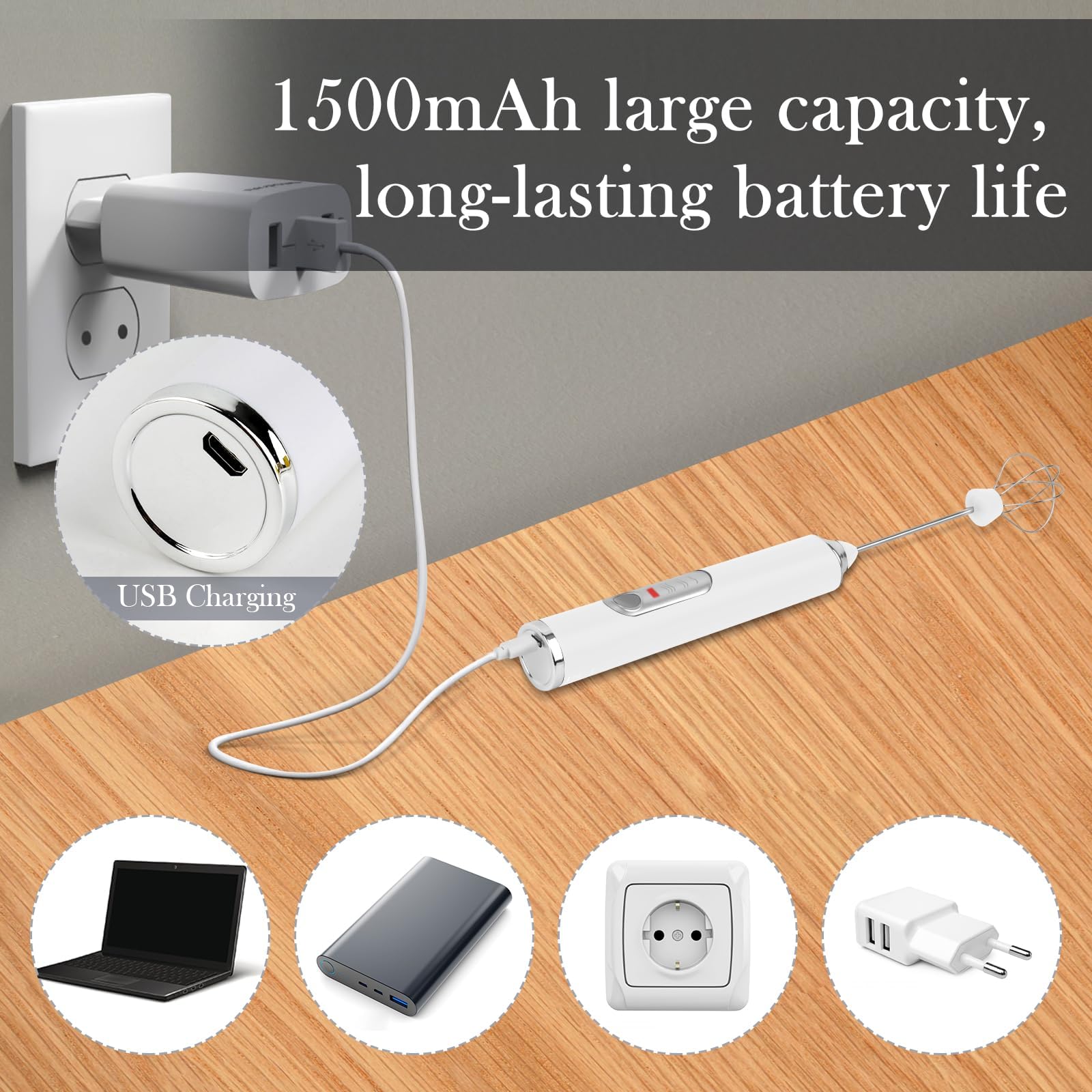 Montalatte Elettrico USB Per Cappuccino | Frullino SchiumaLatte 3 Velocità Con Supporto | Nero - Foto 13