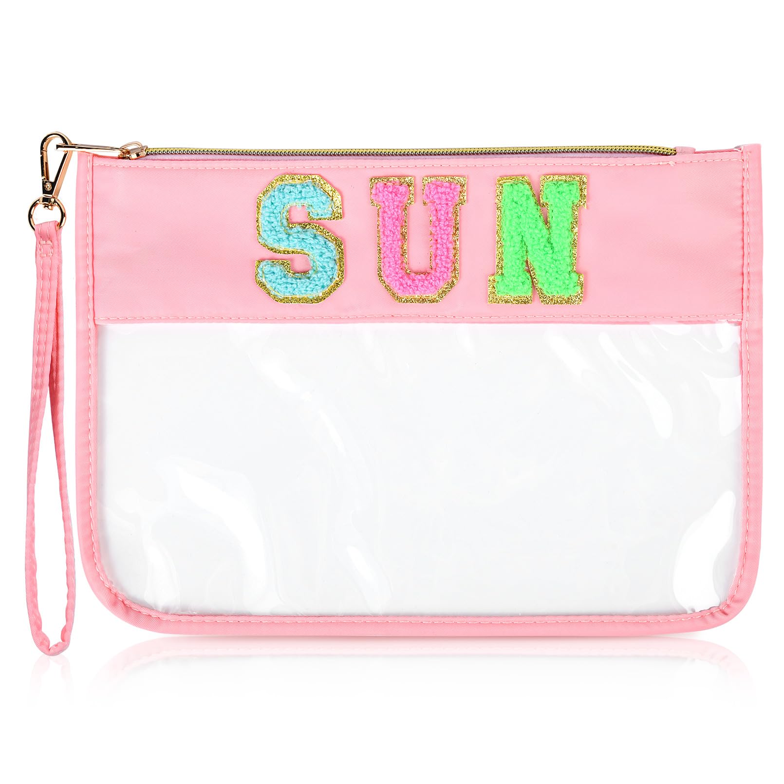 SUN Pouch Bag Chenille Letter Makeup Bag Clear Travel Zipper Nylon cosmetic Pouch Stoney Clover Dupes Organizer Sunscreen Toiletry Bag Waterproof summer Travel Gifts for women