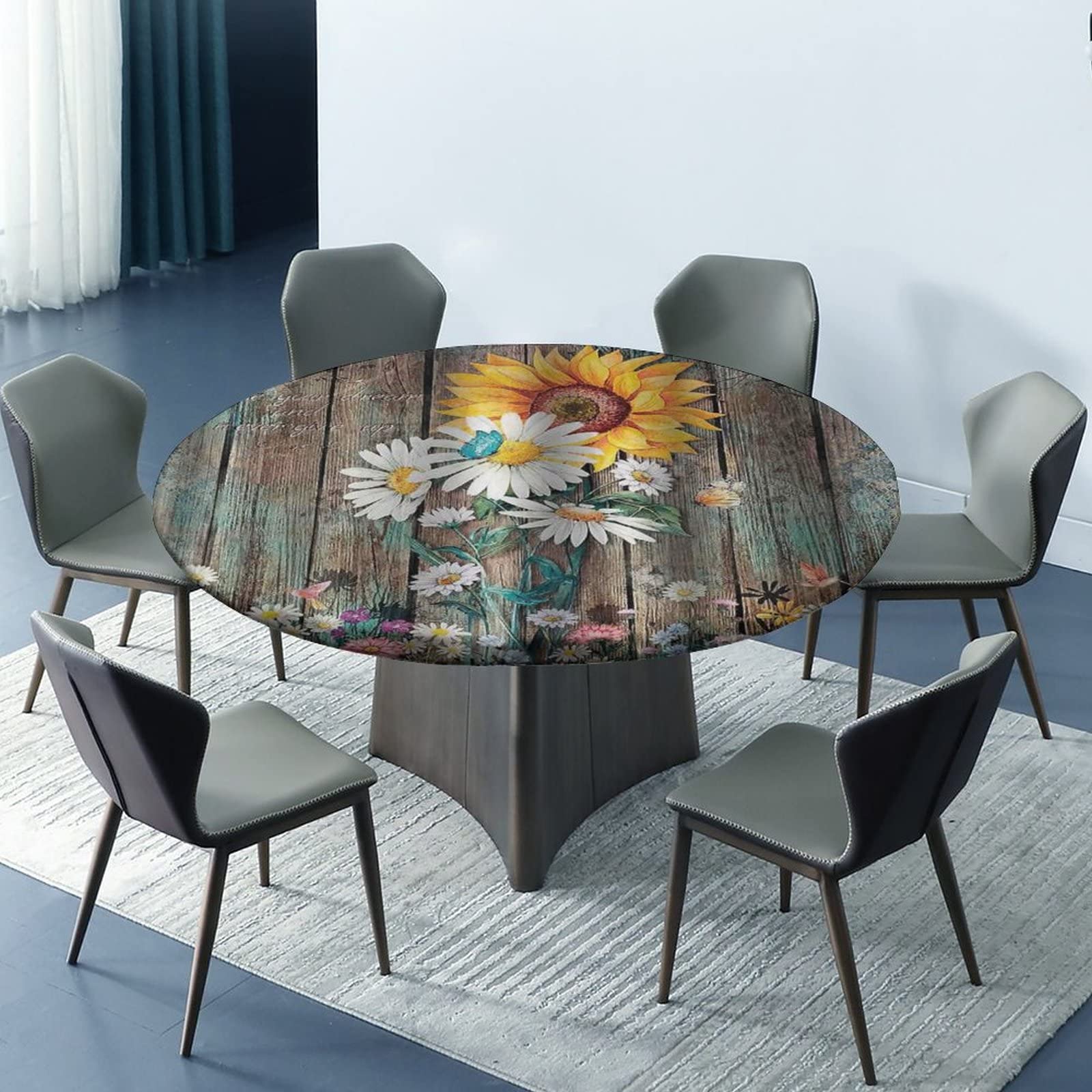 Farmhouse Round Tablecloth - Sunflower Rustic Style Waterproof Fitted Table Cover For 44" Indoor/Outdoor Tables