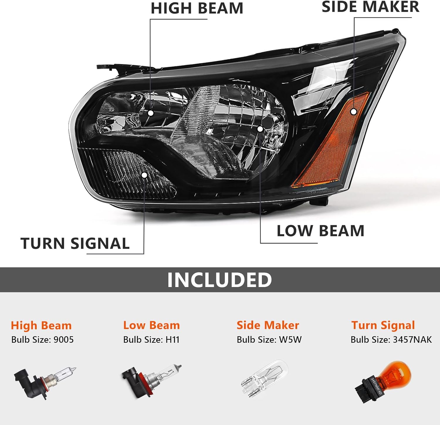 FIONE headlight assembly compatible with Ford Transit 150 250 350 2015-2020 Head Lamp Blcak Housing Left Driver Side LH