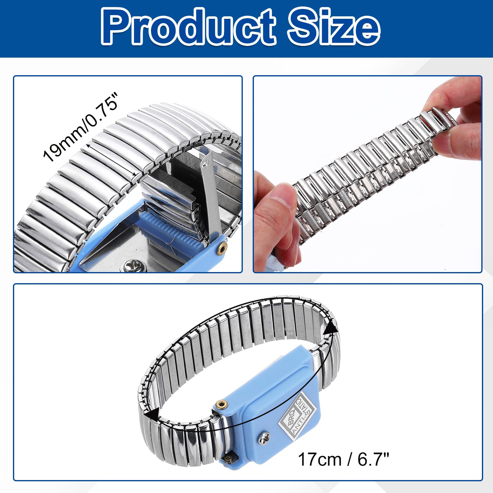 QUARKZMAN 5Pcs Braccialetto Antistatico Blu Perimetro 6.7" Polsiera | Esd Antistatica Senza Filo, Lunghezza 21-32CM, Regolabile, Per Dispositivi Elettronici Sensibili