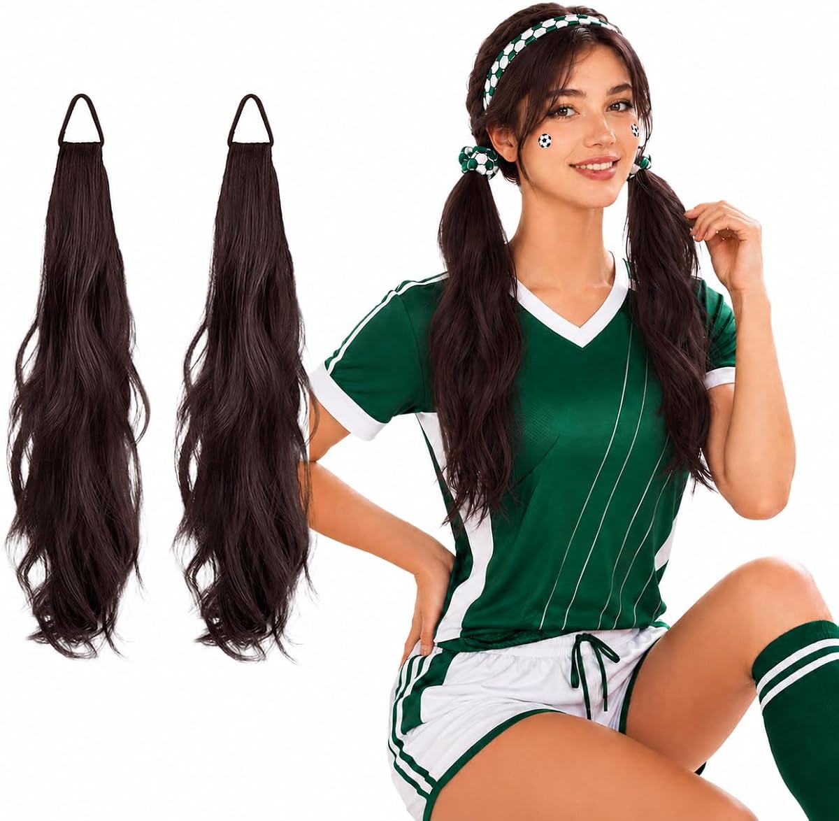 Curly Ponytail Extension with Hair Tie 2PCS 17 Inch Natural Wig Elastic Band Wave Fake Ponytail Wigs Accessories for Women Daily Wear (Brown)