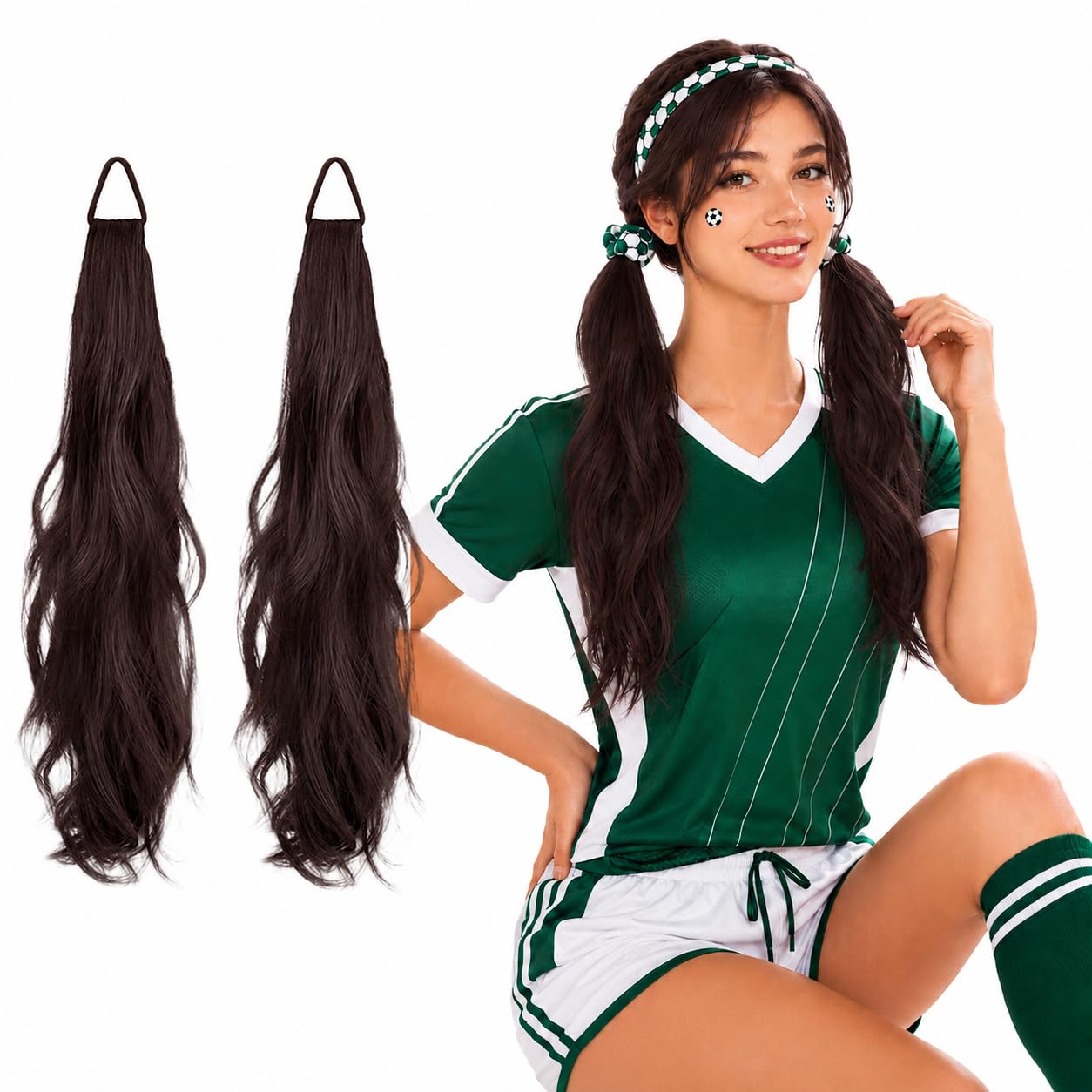 Curly Ponytail Extension with Hair Tie 2PCS 17 Inch Natural Wig Elastic Band Wave Fake Ponytail Wigs Accessories for Women Daily Wear (Brown)