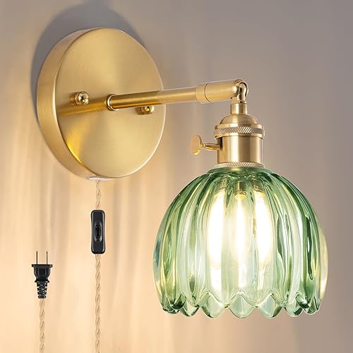 Aplique de pared enchufable, lámpara decorativa de pared vintage con pantalla de cristal verde, aplique de pared enchufable para interiores para