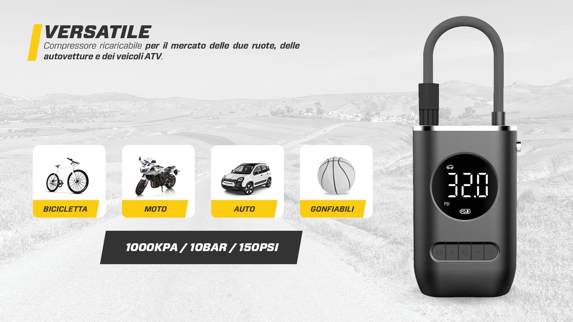 MAXTOOLS, BAC100, Compressore d'Aria a Batteria, Schermo LCD Digitale e Torcia LED, Pompa Elettrica per Bicicletta, Auto, Moto, Monopattino, Palloni