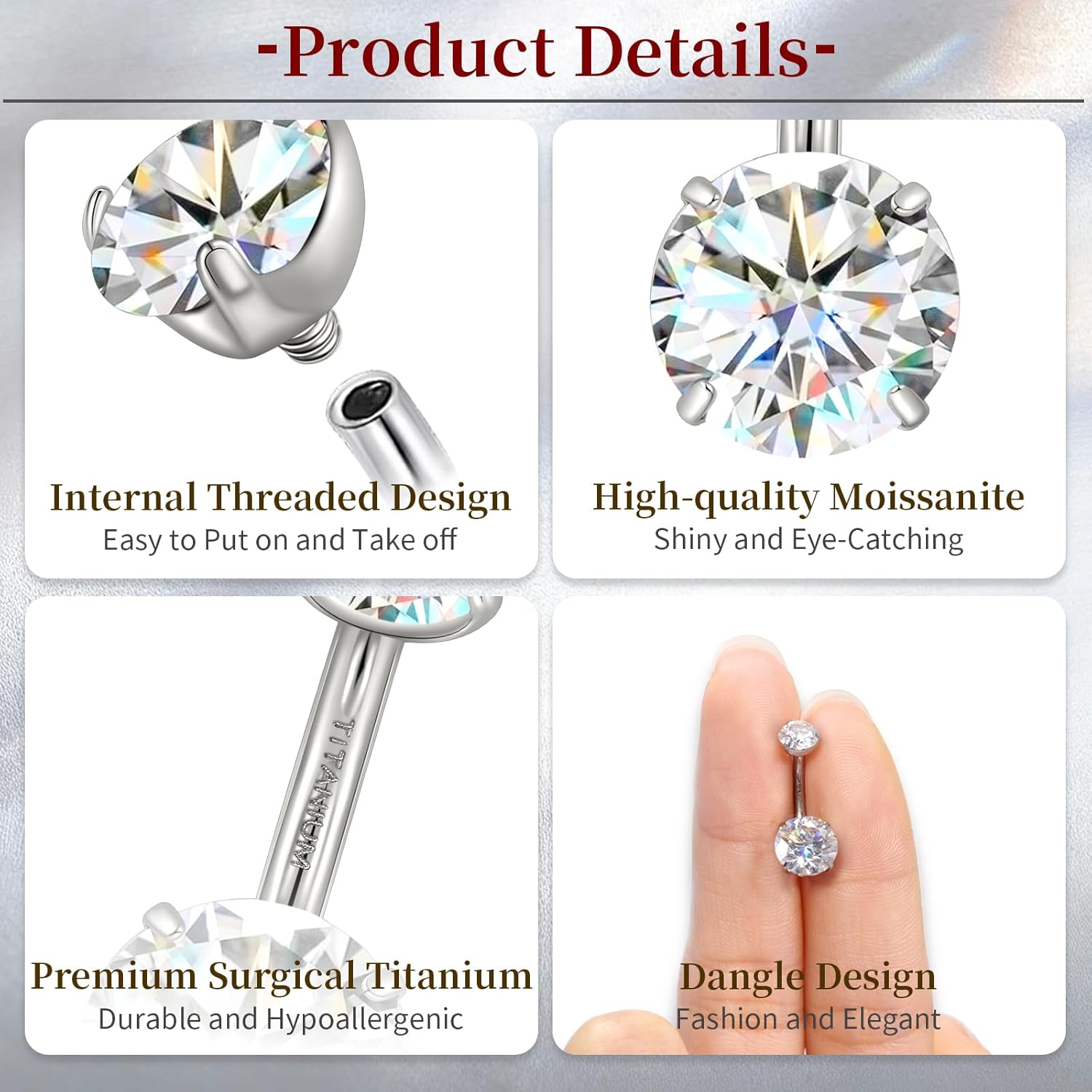 limerencia Moissanite Belly Button Ring, G23 Titanium Hypoallergenic Internally Threaded Navel Jewelry, Curved Dangle Belly Ring Piercing Jewelry for Women, Men - Image 4