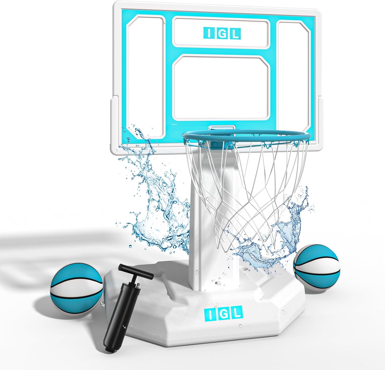 IGL DunkSplash Elite Pool Basketball Hoop, Swimming Pool Basketball Hoop Poolside with 32 in PC Backboard, Stainless Steel Rim Portable Basketball Goal, Water Storage Base & Stand with 2 Balls & Pump