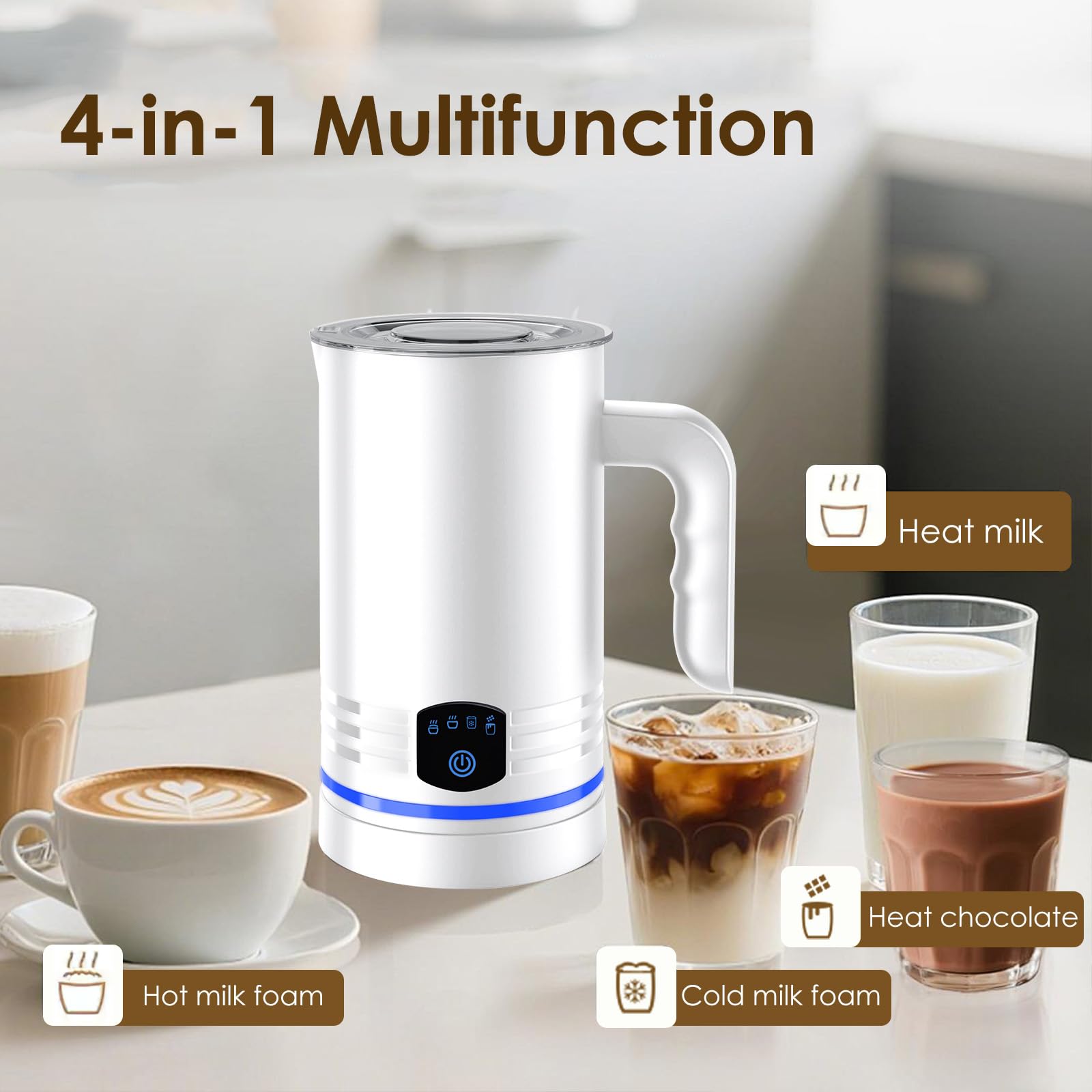 Automatique Mousseur à Lait,430ML,Revêtement Antiadhésif,4 Modes | 4en1 Machine a Mousse Electrique,Mode Silencieux,4 Modes pour Mousse de Lait Chaude et Froide,Chocolat Chaud,Latte,Cappuccino