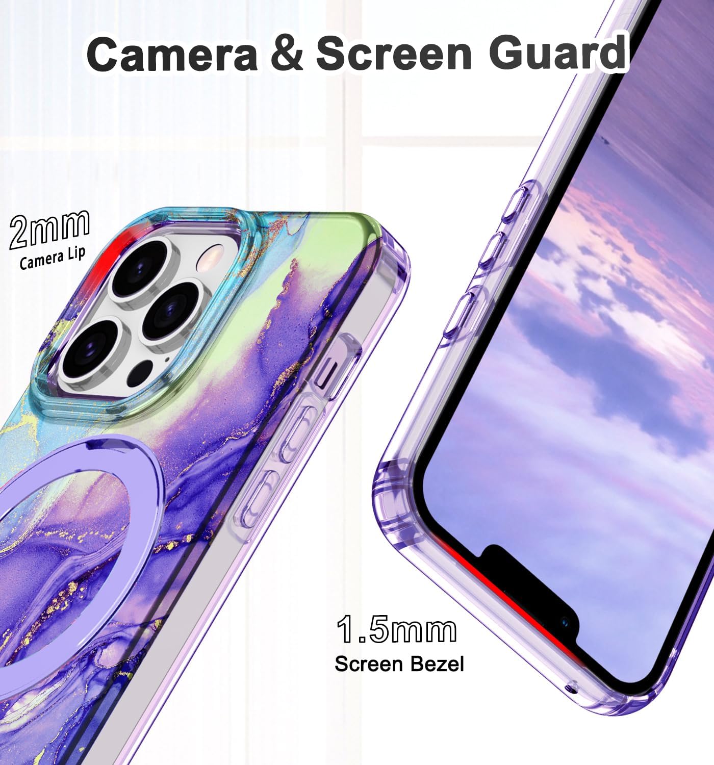 Lamcase for iPhone 13 Pro Case with Magnetic Invisible Ring Stand [Compatible with MagSafe], Full Body Rugged Slim Women Men Girl Shockproof Marble Pattern Design Case, Violet - Image 5