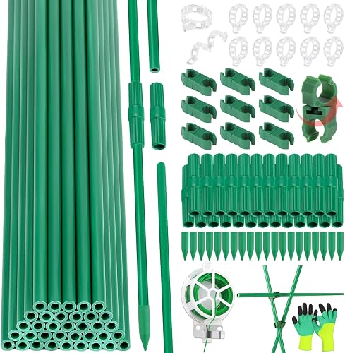 117 PCS Garden Stakes, Fiberglass Tomato Stakes, Garden Sticks | 35 Sets DIY 4ft, 5ft, 6ft, 7ft Plant Stakes with Accessories, Plant Sticks Supports for Indoor Outdoor Plants, Vegetables