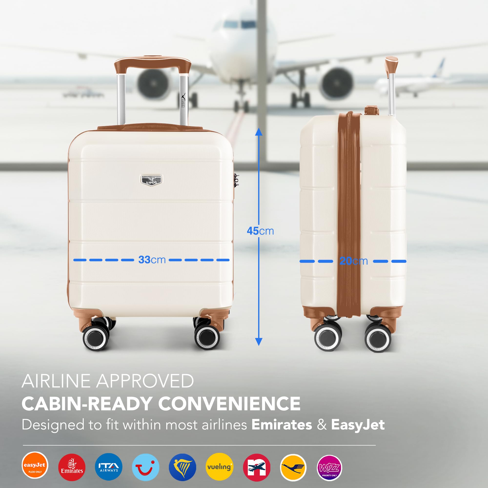LUGG - Jetset 40cm Suitcase - 40x30x20cm- Ryanair Compatible - Underseat Size - Hard Shell ABS - Spinner & Removable Wheels - Lightweight Travel Luggage- Cream/Brown — view 190