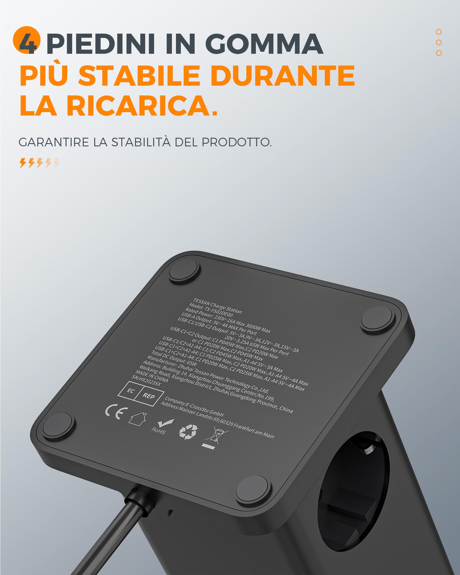 TESSAN Alimentatore USB C 65W, GaN Caricabatterie Multiplo, Caricatore Rapido con 2 prese, Stazione di Ricarica USB con cavo 2M
