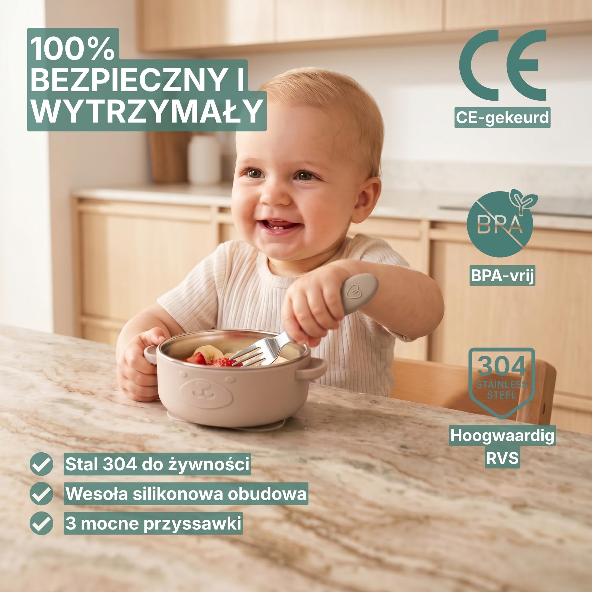 Miseczka Dla Niemowląt Stal Przyssawka 2 szt Sztućce Beż/Róż | Miseczka z przyssawką i sztućcami. 3 naklejki do mocowania. Bez BPA. Od 6 miesięcy. Do zmywarki.