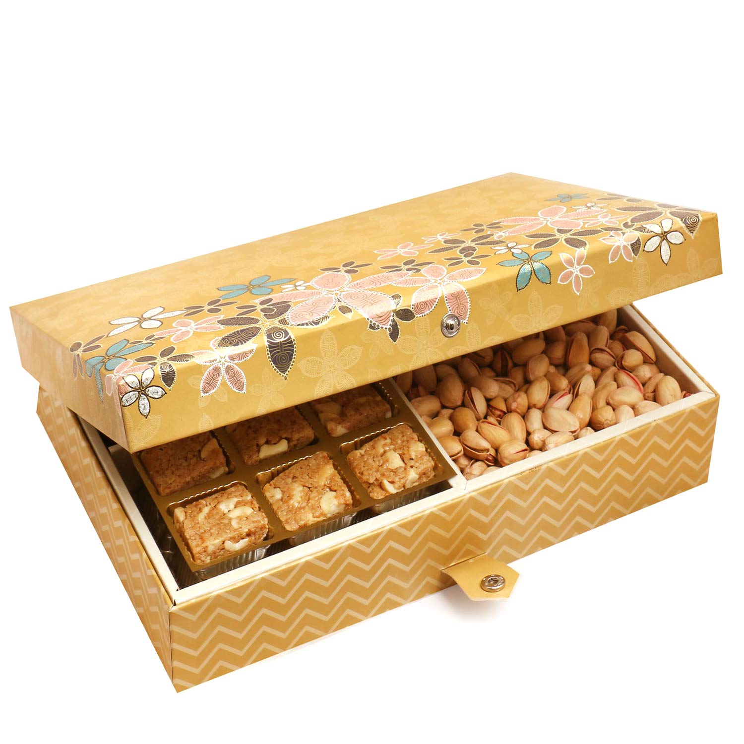 Ghasitaram Gifts Indian Sweets - Diwali Gifts Diwali Hamper Sweet Hampers - Gold 4 Print 12 Pcs Roasted Almond Bites,Almonds and Pistachios Hamper Box