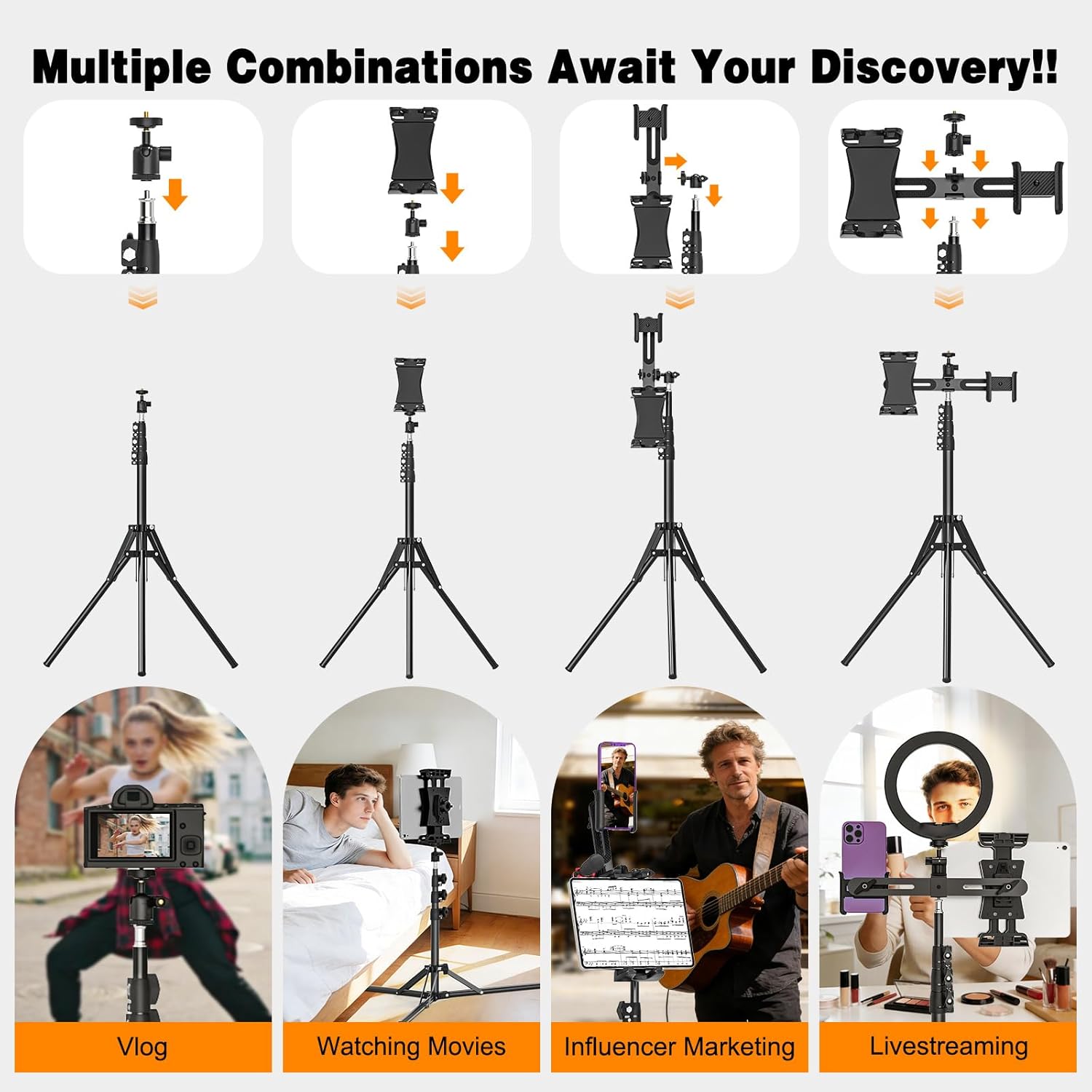 Tripod Stand for Tablet Camera Phone, 63-inch Height Adjustable iPad Mount Holder, 360° Rotating Tablet Tripod with 2 Holders for 4.7-12.9 inch iPad Pro/iPhone, 1/4 inch Interface for Camera/Light/Mic