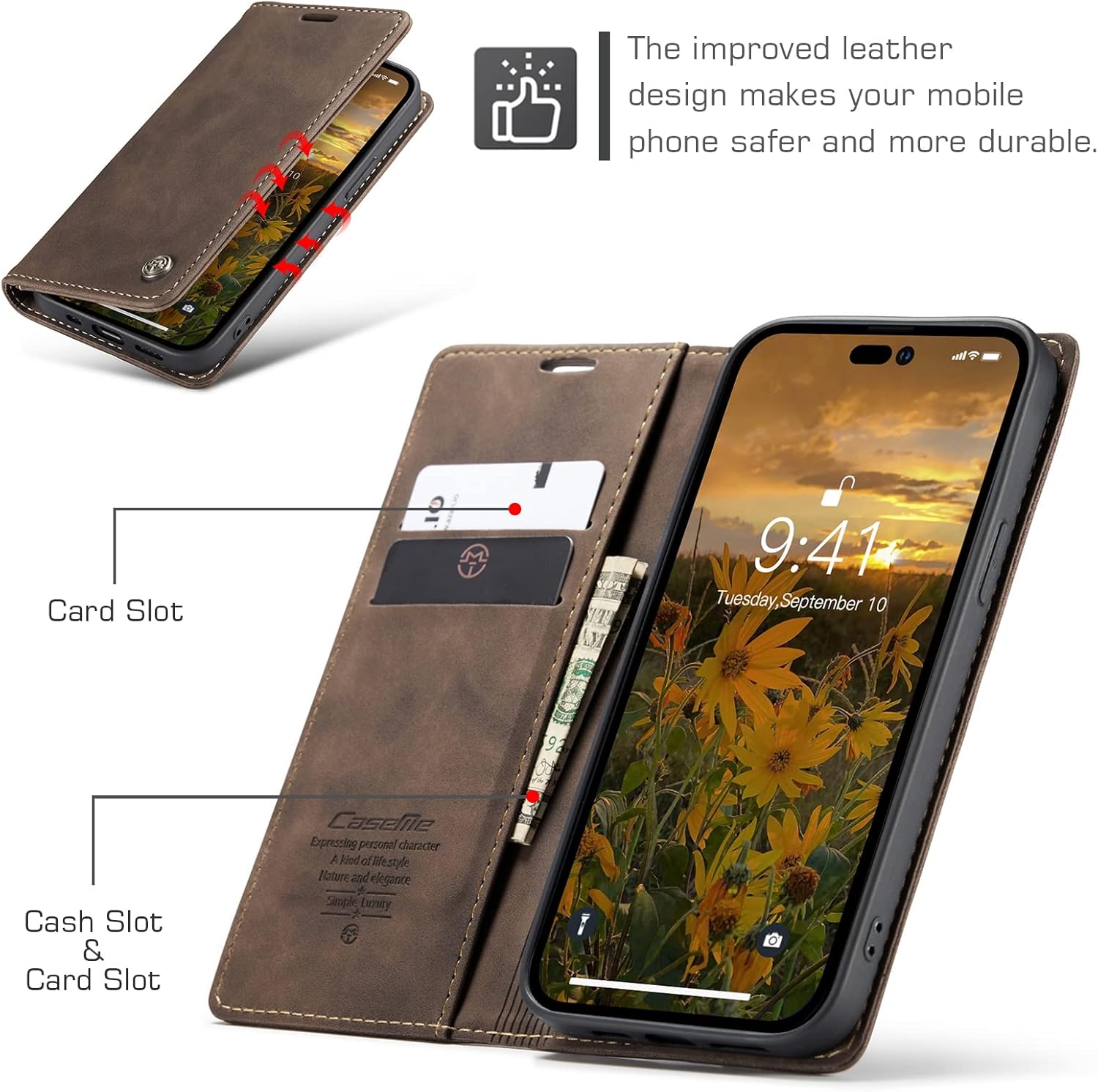 for iPhone 14 Pro Max Case, Flip Wallet Leather Case with Card Holder Magnetic Closure Shockproof Kickstand Protective Phone Cases Cover for iPhone 14 Pro Max, Coffee - Image 3