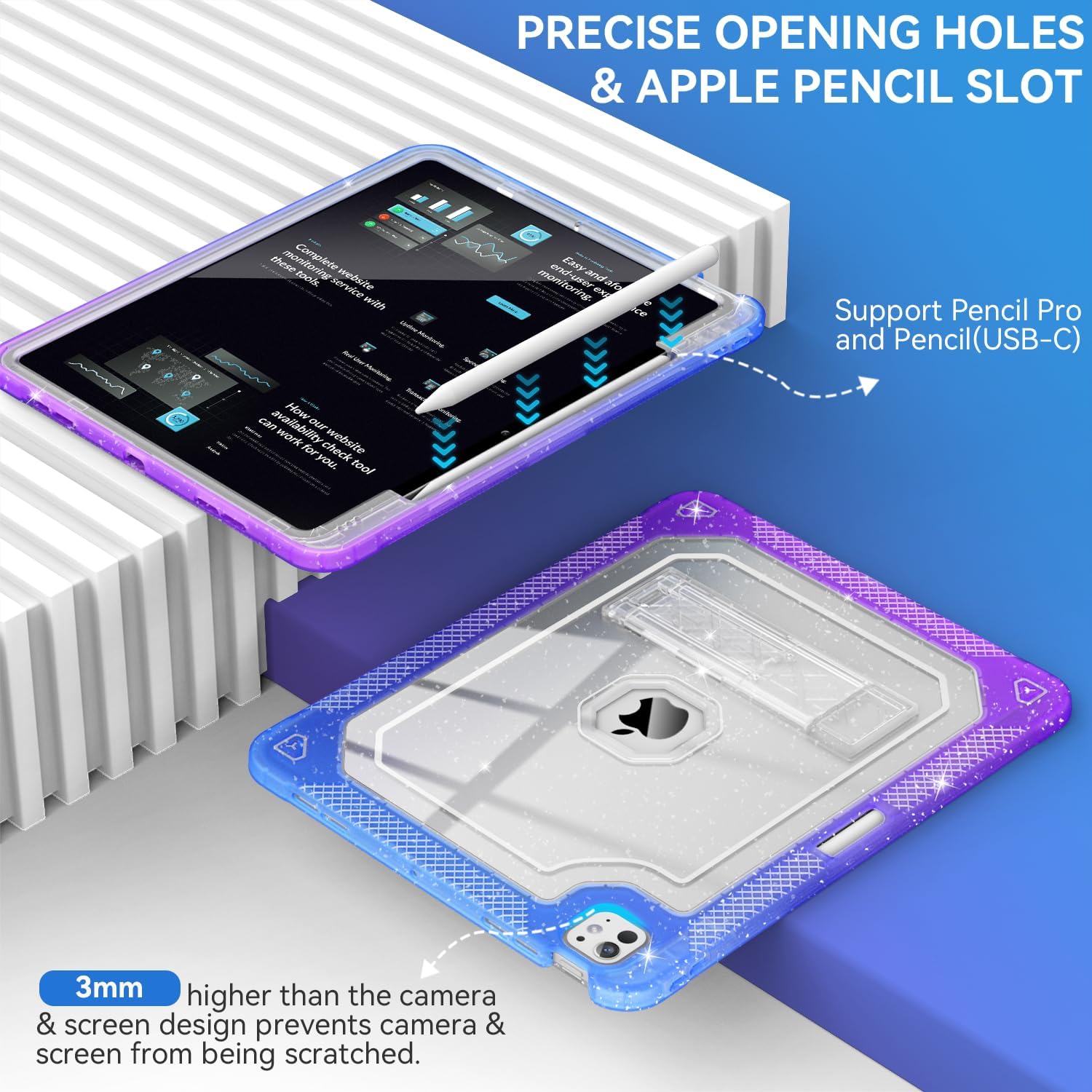 ZoneFoker Case for iPad Pro 13 Inch Case M5/M4(2025/2024) with Pencil Holder, Slim Hard Translucent Protective Cover for M5/M4 iPad Pro 13" with Kickstand, Purple Blue