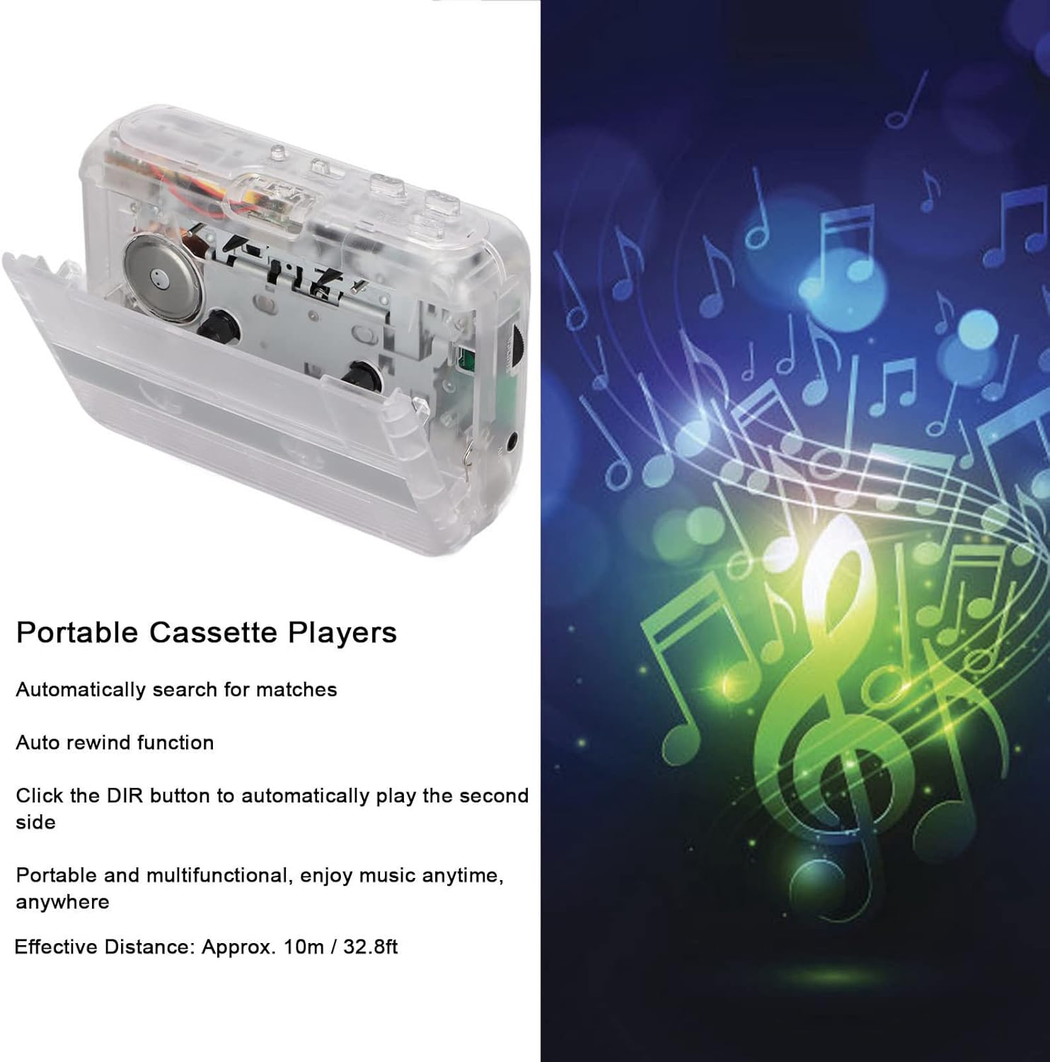 Portable Cassette Player, Bluetooth Stereo Tape Recorder with Auto Reverse and 3.5mm Jack, Automatic Rewind Cassette Player for Bluetooth Speakers Cars Headphones (Transparent)