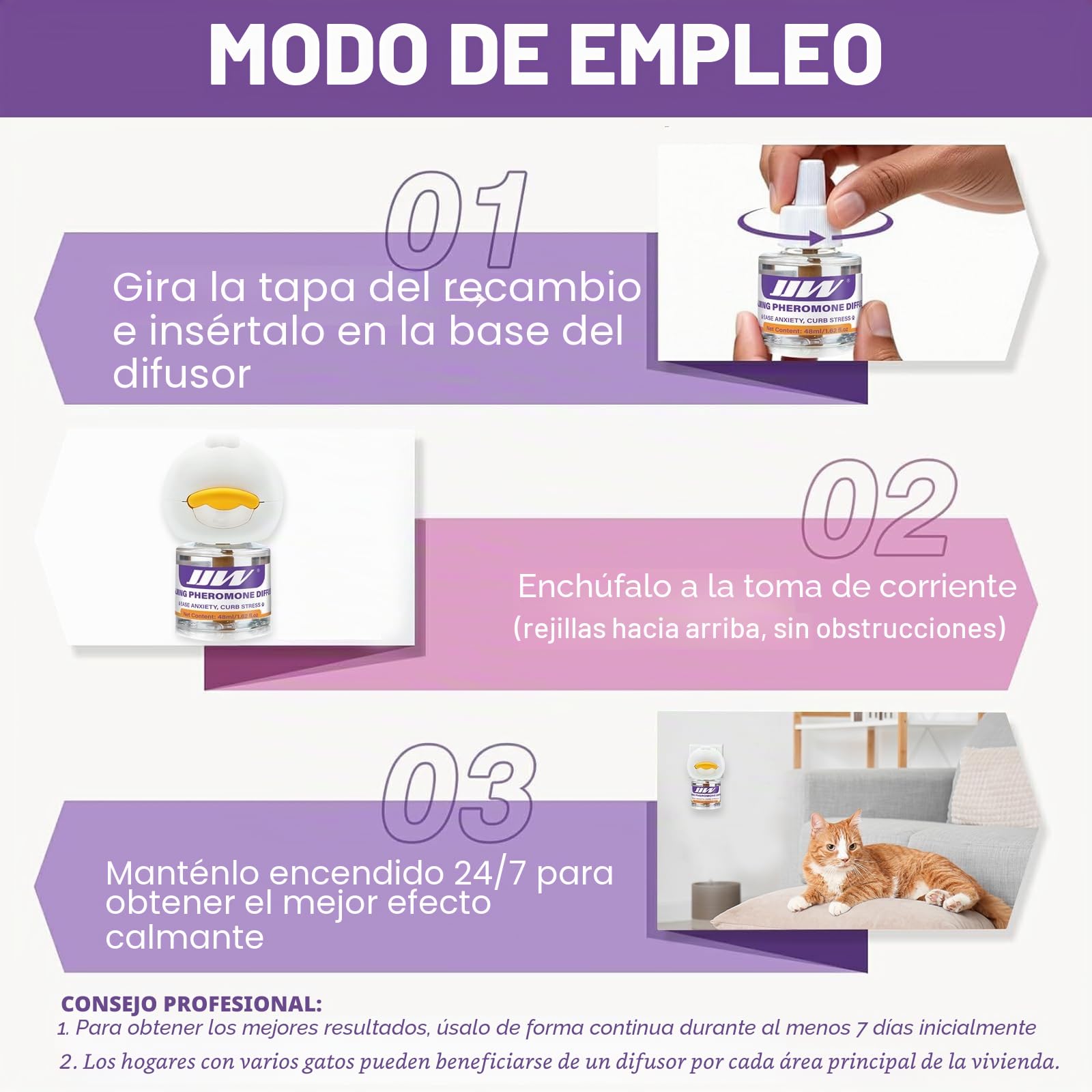 JJW Kit Difusor de Feromonas Calmantes 6 en 1 para Gatos - Alivia Ansiedad, Reduce Peleas/Arañazos, 2 Difusores + 4 Recambios, 120 Días de Uso (Morado, S)