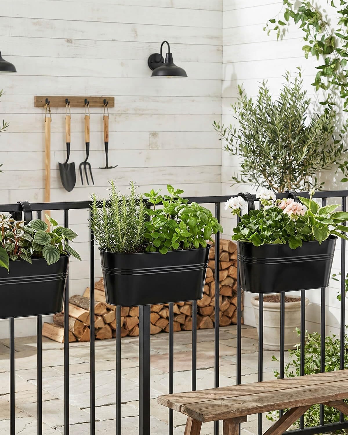 Metal Railing Planters for Outdoor Plants - 3 Pcs Balcony Hanging Flower Pots with Detachable Hooks & Drain Holes, Windowsill Oval Hanging Bucket Pots Fence Planters for Garden Home Decor, Black