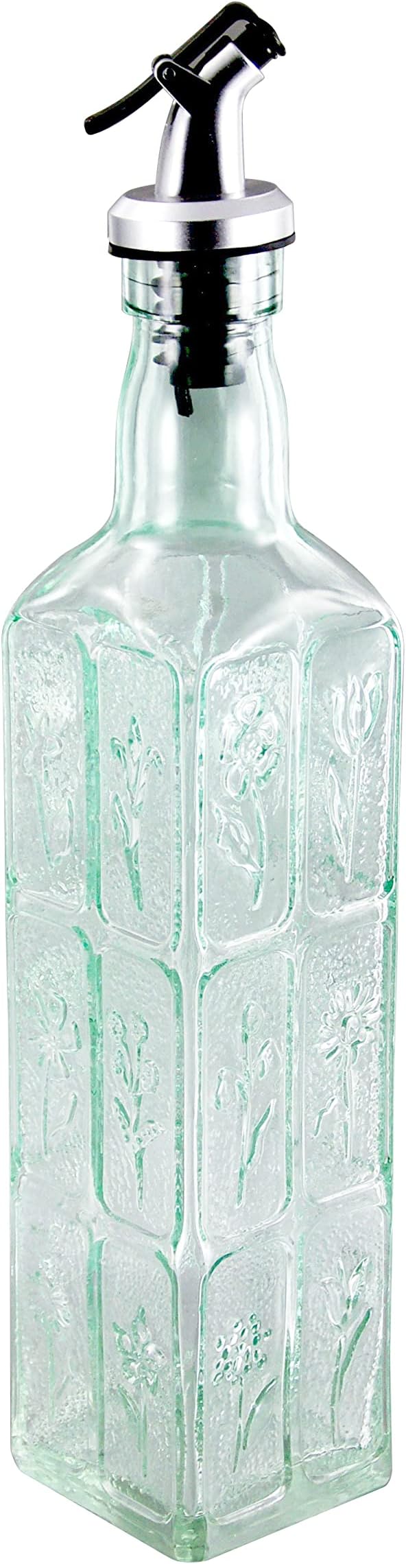Flowers Bouquet Embossed Glass Square Oil and Vinegar Cruet with Pourer, 16 oz