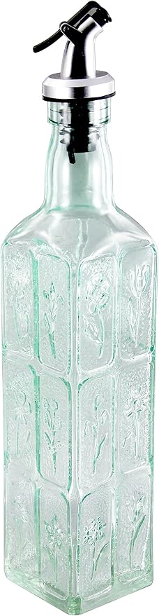 Grant Howard Flowers Bouquet Embossed Glass Square Oil and Vinegar Cruet with Pourer, 16 oz