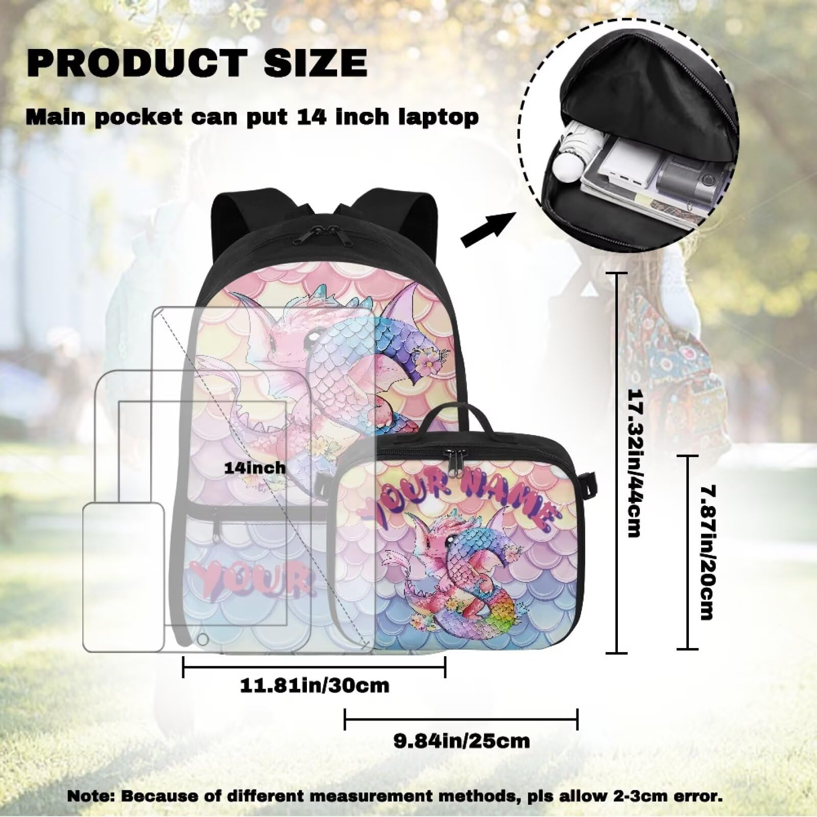 Mochila para niños con nombre personalizado con fiambrera, 2 unidades, preescolar, primaria, personalidad, mochila escolar