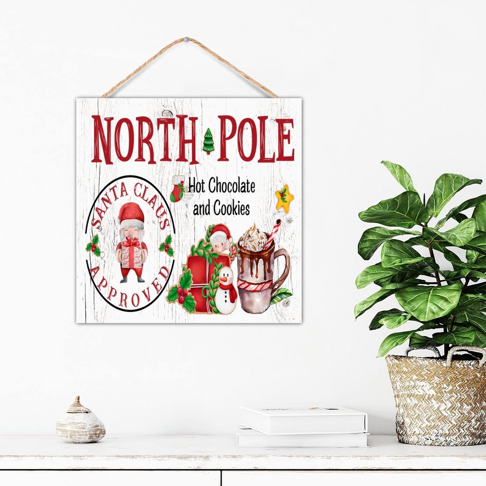 Père Noël cacao chaud déco murale rétro en bois de maison