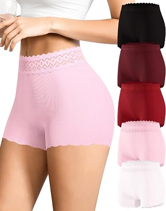 Womens Boyshorts Underwear High Waisted Seamless No Show Lace Boxer Briefs Breathable Full Coverage Panties 5 Pack
