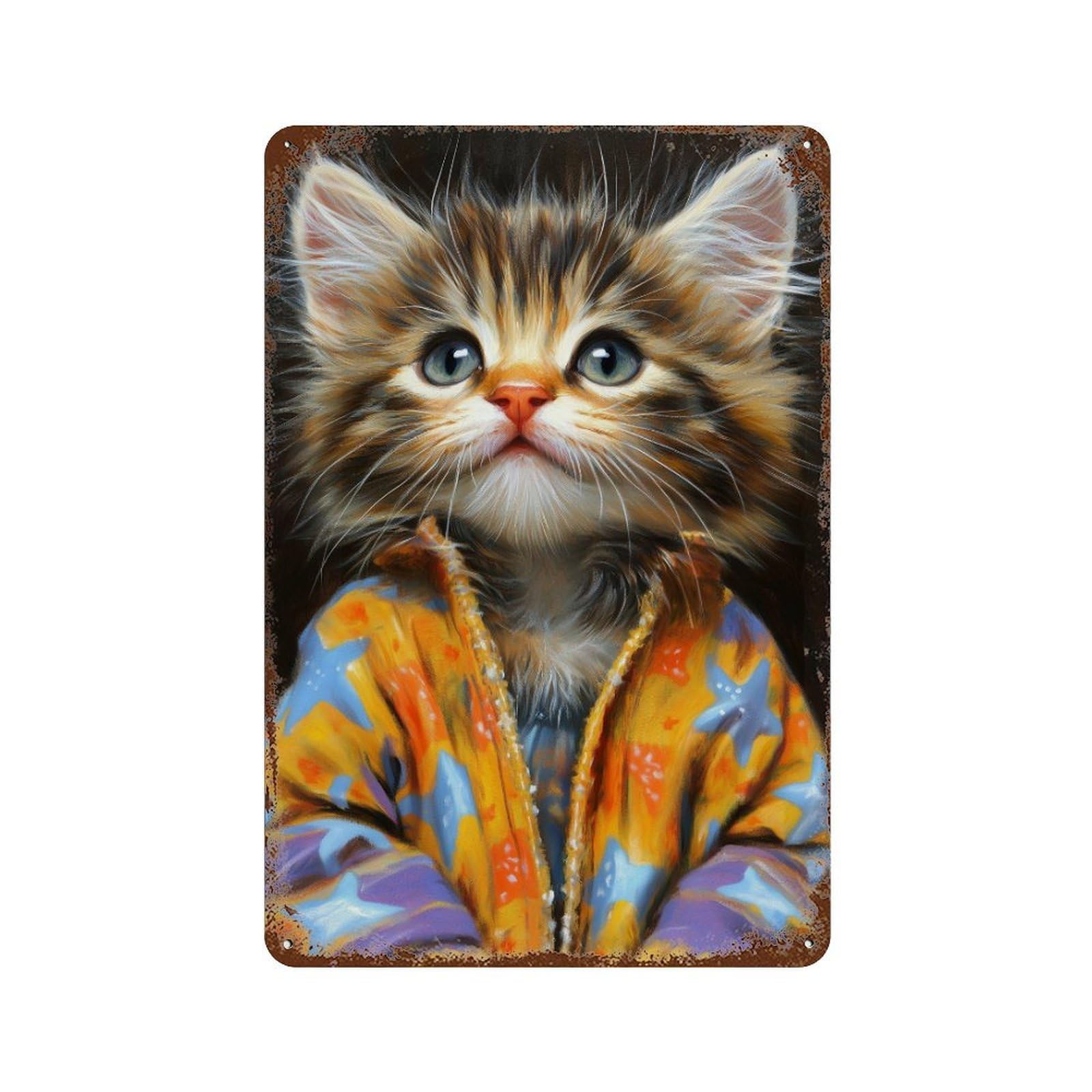 Fluffy Kitten in Colorful Jacket Retro Metal Sign 11.8"x7.9", Old School Wall Decor for Garage, Bar And Workshop Decor