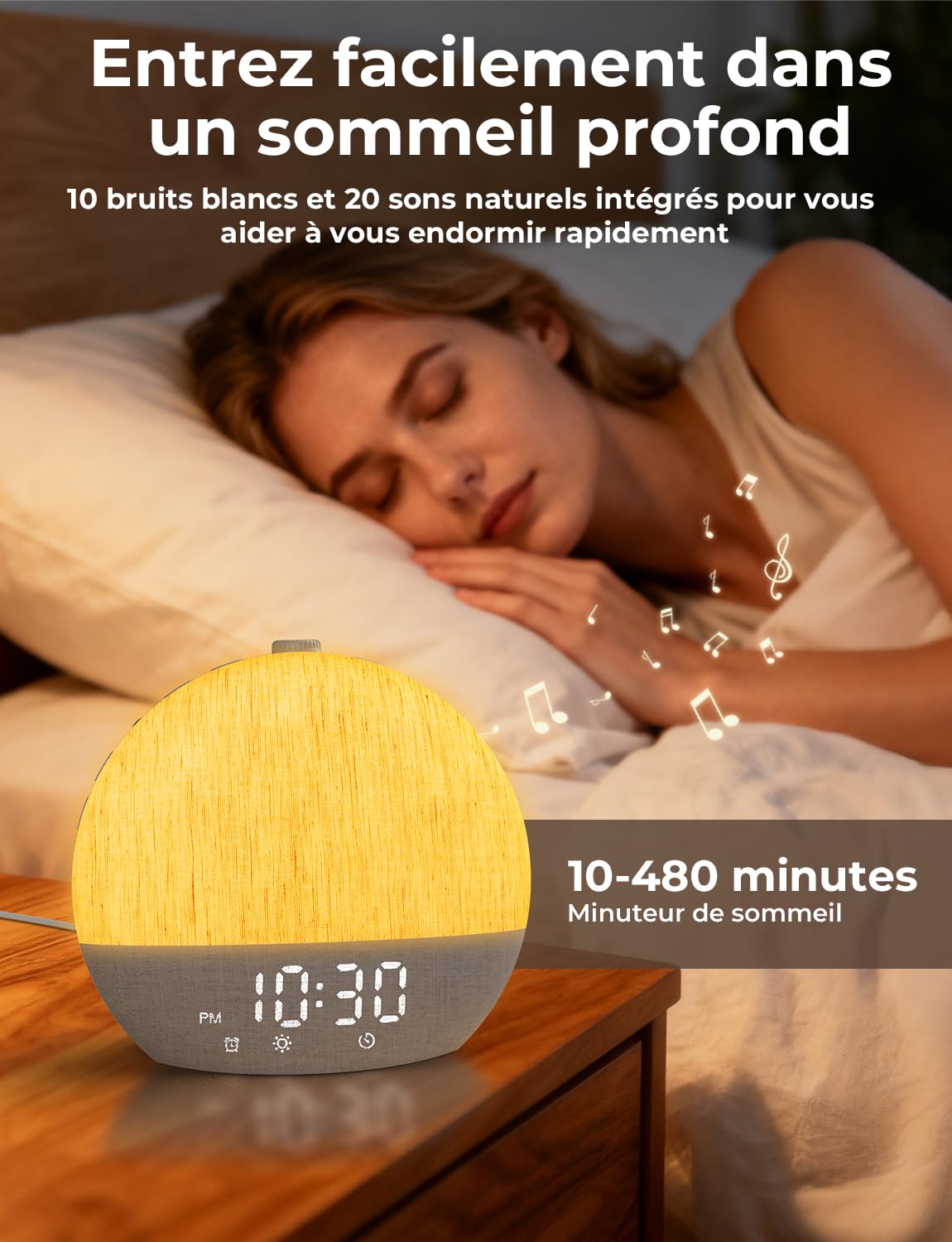 LIORQUE Reveil Lumineux Simulateur Aube, 30 Sons, Bluetooth, 17 Effets | Simulation 60min, Veilleuse 17 Effets 20 Niveaux, Minuteur 180min, Design Tissu, Ecran Extinction, Port Charge 5W