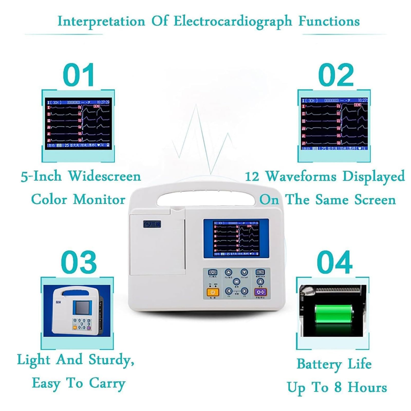 Macchina ECG Portatile a 12 Derivazioni, Registrazione ECG E Frequenza Cardiaca in 12 Canali, Widescreen da 5 Pollici con Carta da Stampa, Acquisizione E Analisi dei Dati ECG in Tempo Reale