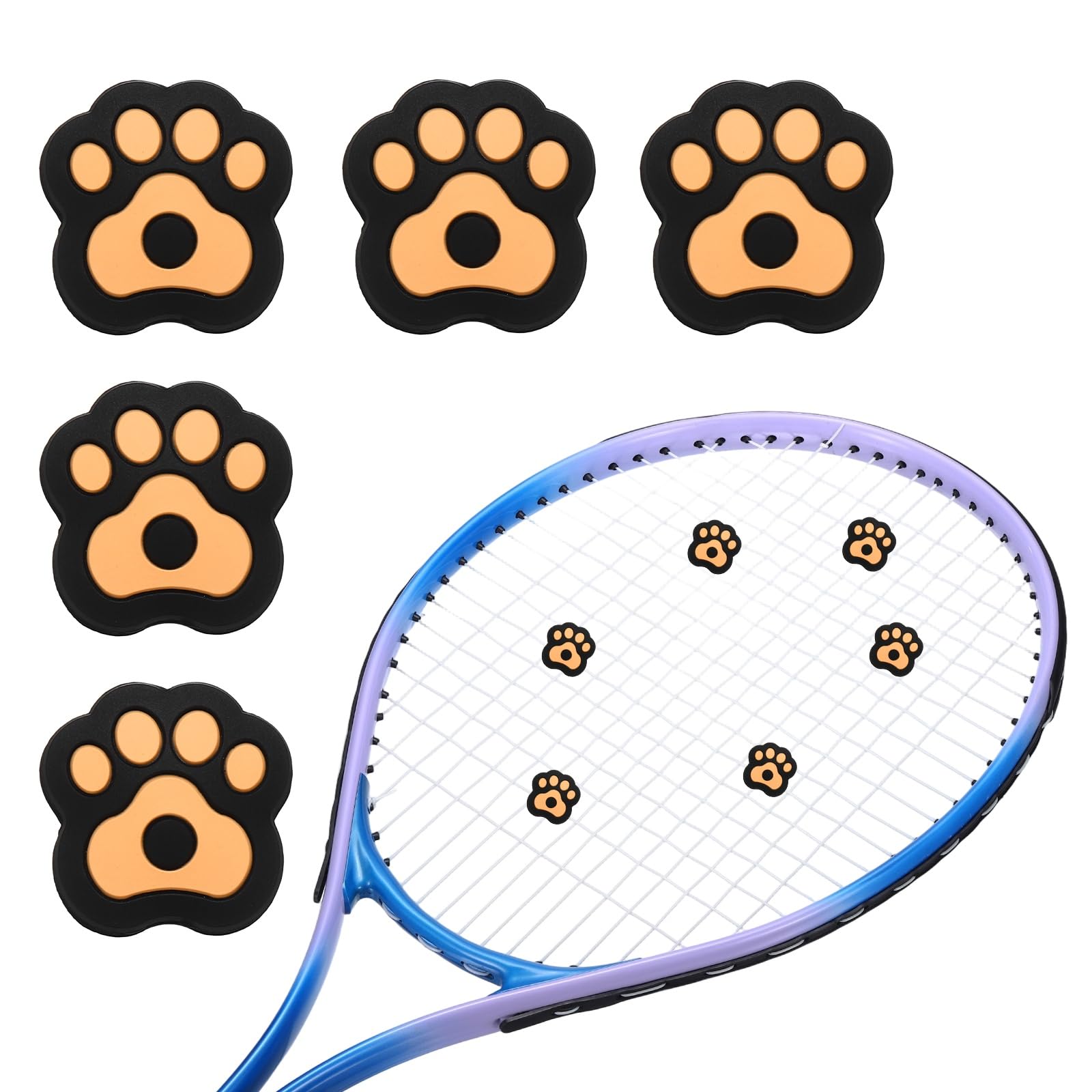 YELARXI Tennis Racket Dampener, Cute Vibration Dampener Shock Absorber Funny Tennis Soft Silicone Accessory 5Pcs & Black Orange Cat Paw-Fitting for (Practice/Training/Game/Match/Club)