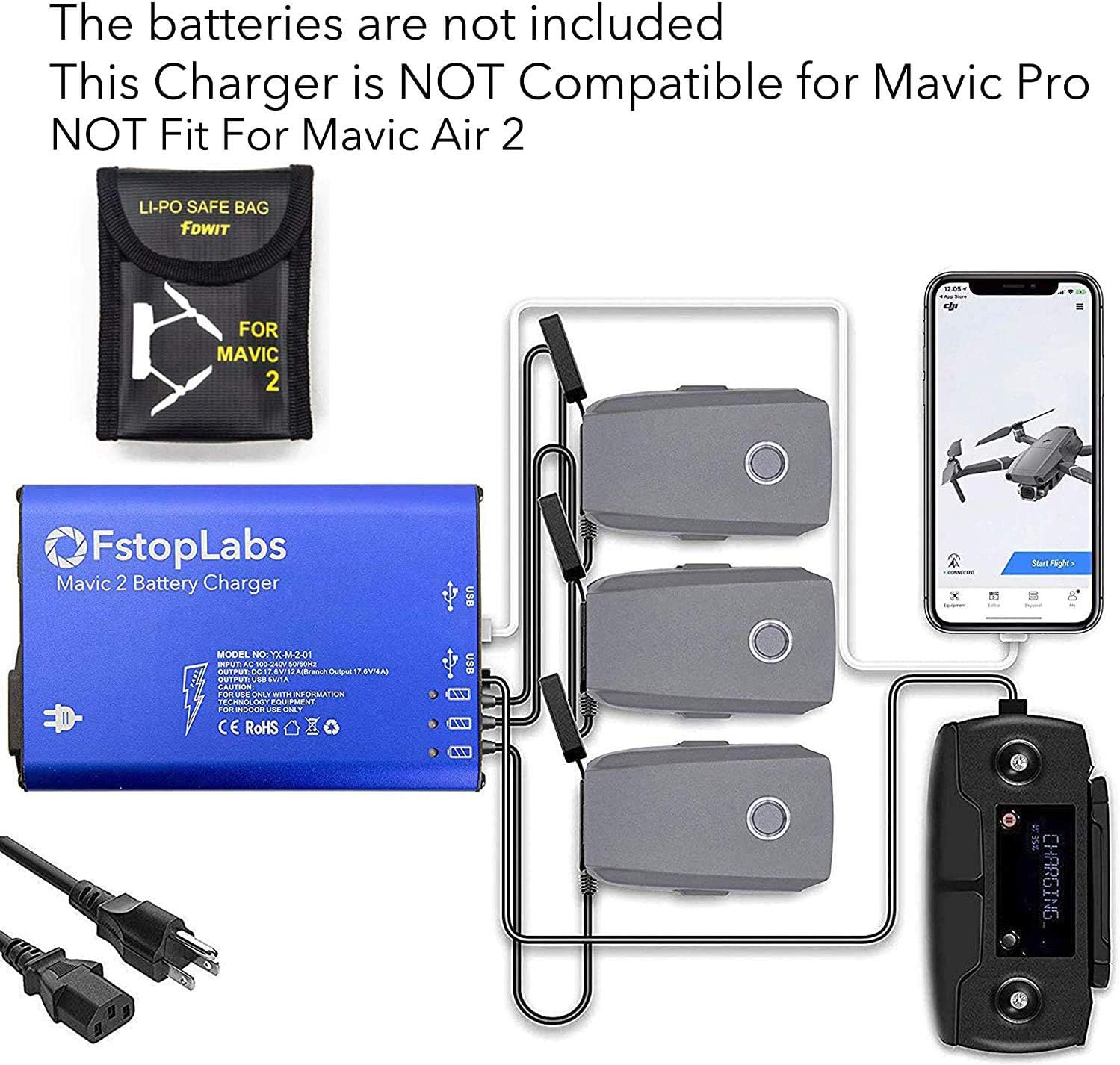 Fstop Labs Mavic 2 Battery Charger, Accessories for DJI Mavic 2 Pro Zoom, 5 in 1 Rapid Parallel Battery Charging Hub Station, 3 Batteries, 2 USB Ports, with Power On Off Switch