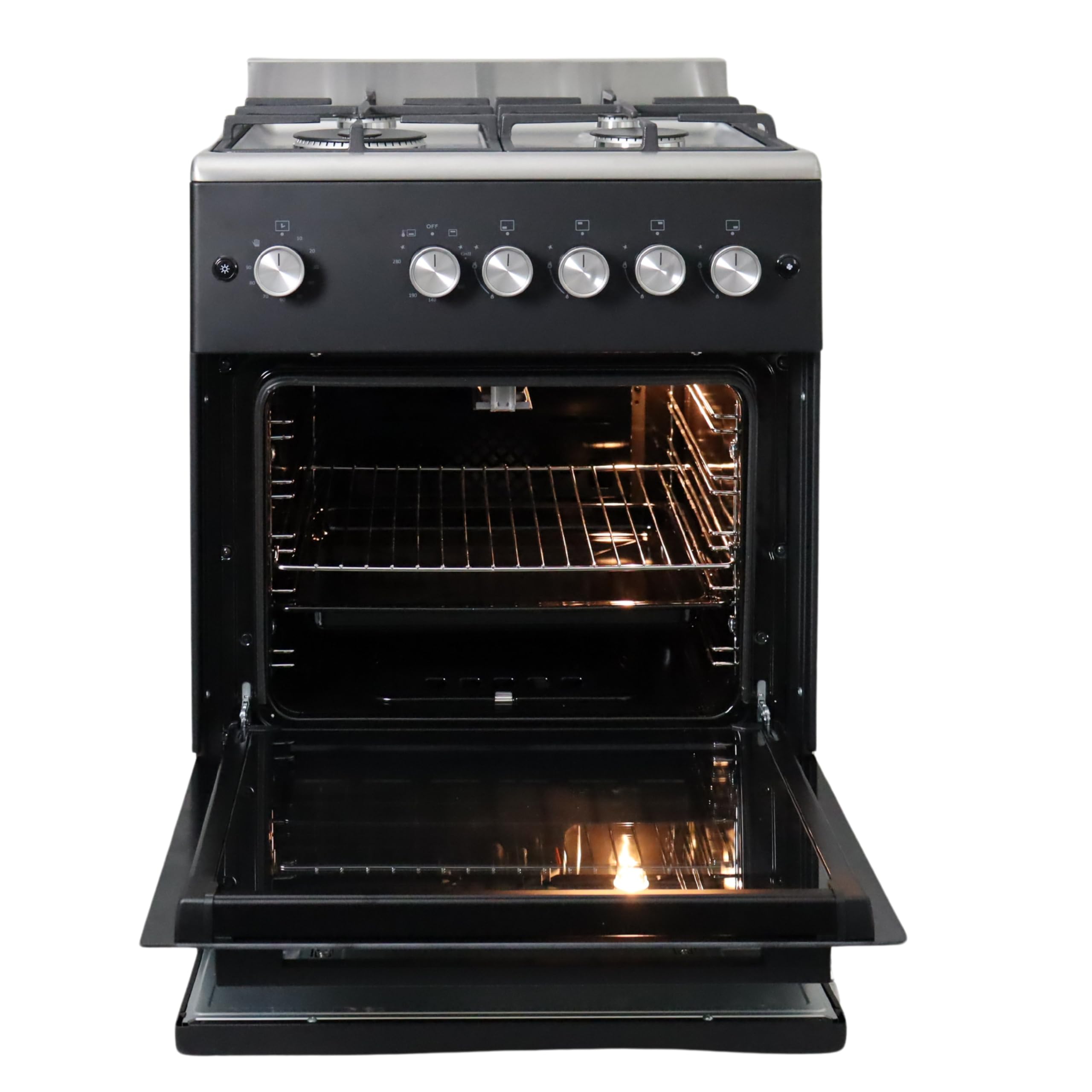 Gasline SHGG6060FGWB Gasstandherd Gaskochfeld WOK Brenner Gasbackofen mit Thermostat Grill Timer 60 cm Edelstahl Schwarz Erdgas LPG