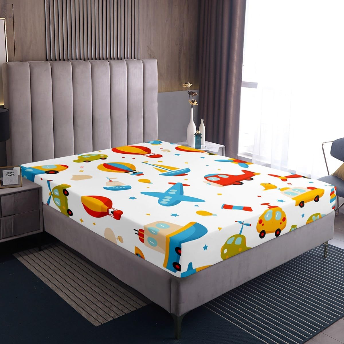 Car Fitted Sheet for Kids Boys Girls Cute Airplanes Bed Sheets Traffic Vehicles Sheets Full,Watercolor Truck Cars Bed Set,Blue Yellow Red