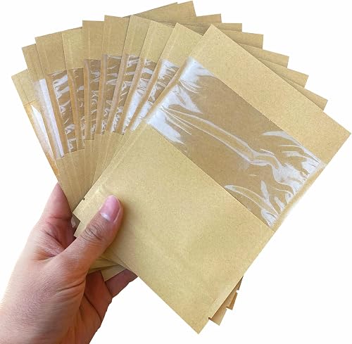 100 Pack Clear Window Airtight Brown Kraft Paper for Food Storage Lock Small Papar Bagse Seal Zipper Packets Bags Pouch Coffee Packaging Sample for Small Business 5.11x7.08 inch