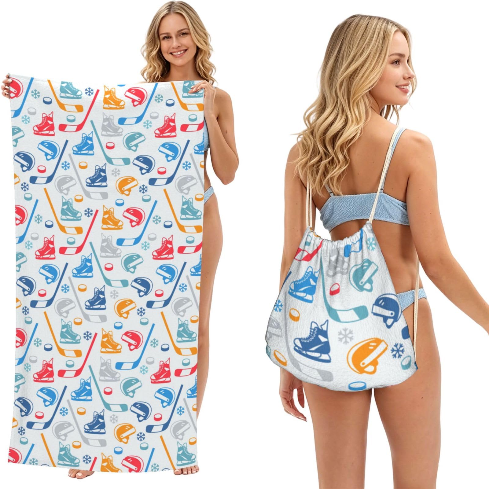 WSHFFILO Hockey Elements Creative Patterned printed 2 in 1 Packable Towel Bag Bath Towel Beach Towel