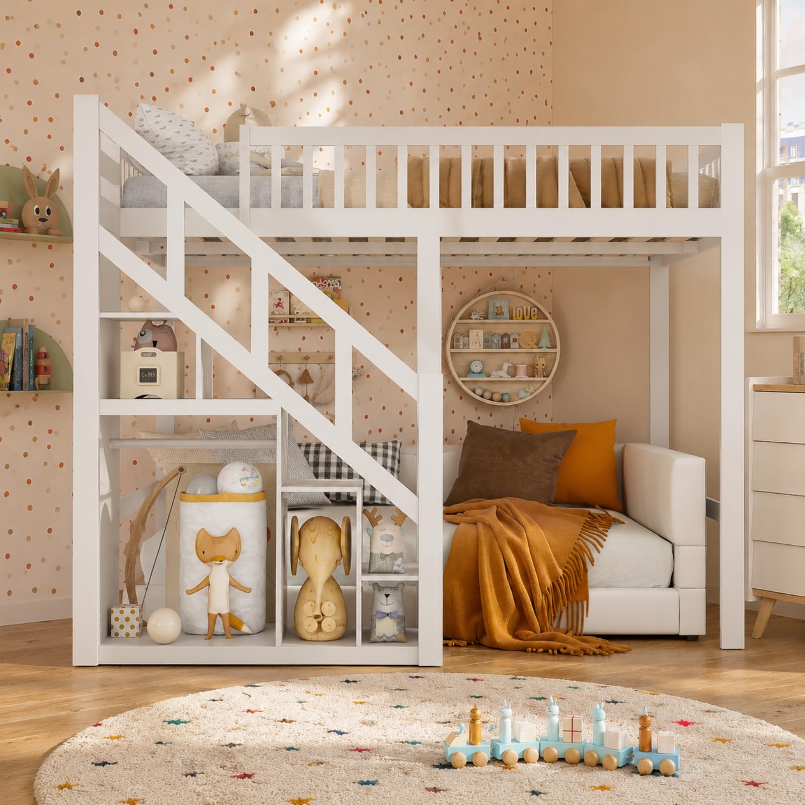 Hochbett 90x200 cm, Etagenbett mit Treppe und Rausfallschutz, Kinderbett mit Aufbewahrungsschrank, Funktionsbett Kinderhochbett Stockbett mit Lattenrost, Spielbett für Jungen Mädchen