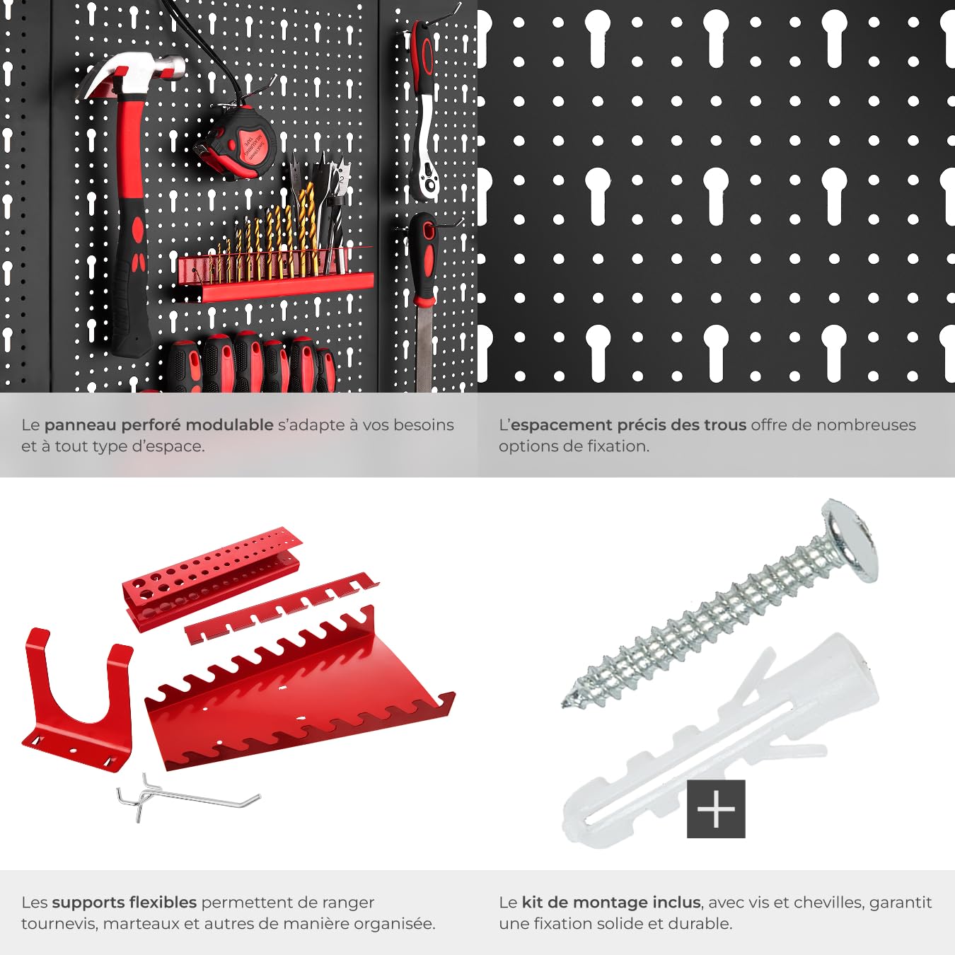 tectake® Panneau Mural Perforé Porte outils mural Lot de 4 Panneaux 160 x 2 x 60 cm 34 pcs Crochet & Supports, Extensible Système de rangement Outillage & visserie - 5